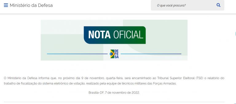Ministério da Defesa anuncia que entregará relatório do trabalho de fiscalização do sistema eletrônico de votação nesta quarta-feira, 09