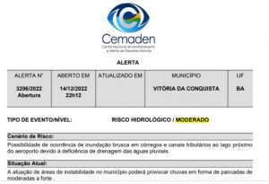 Chuvas em Conquista: Cemaden alerta para risco de inundações em três bairros