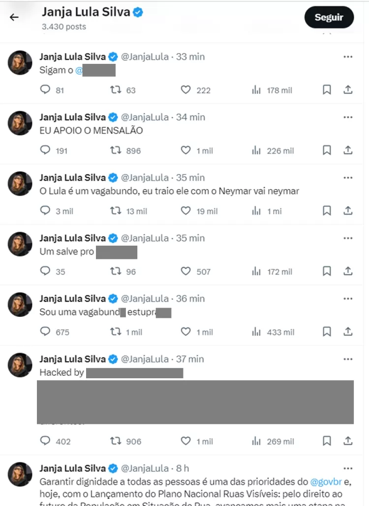 Urgente: Hacker invade conta do ‘X’ de Janja e posta xingamentos; Secom repudia ataque