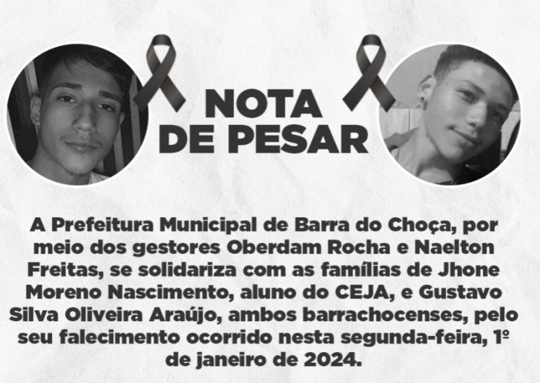 Prefeitura de Barra do Choça divulga nota de pesar pelo falecimento de adolescentes