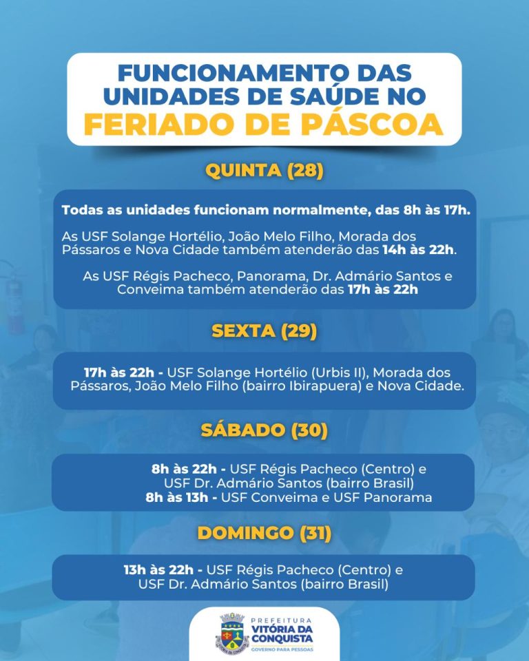 Prefeitura divulga horários de atendimento nas unidades de saúde no feriado da Semana Santa e no Domingo de Páscoa