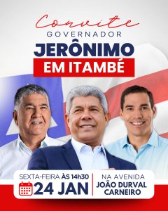 Governador Jerônimo Rodrigues visitará Itambé nesta sexta-feira (24)