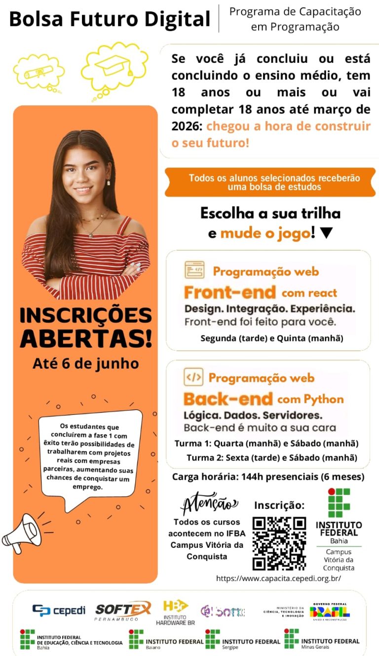 IFBA Vitória da Conquista oferece cursos gratuitos de programação com bolsa para jovens e adultos