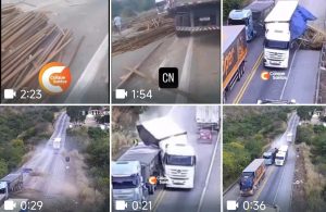 Vídeo mostra momento exato em que carreta atinge carro de passeio na ponte de Cândido Sales e