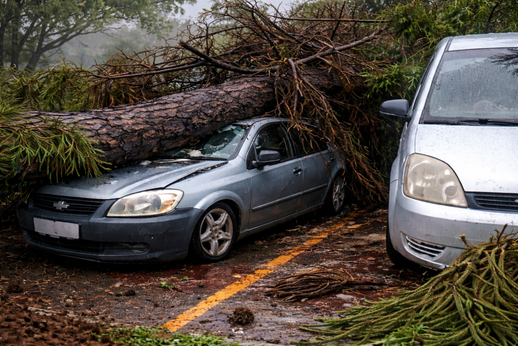 Árvore de grande porte cai sobre carro em estacionamento de Vitória da Conquista