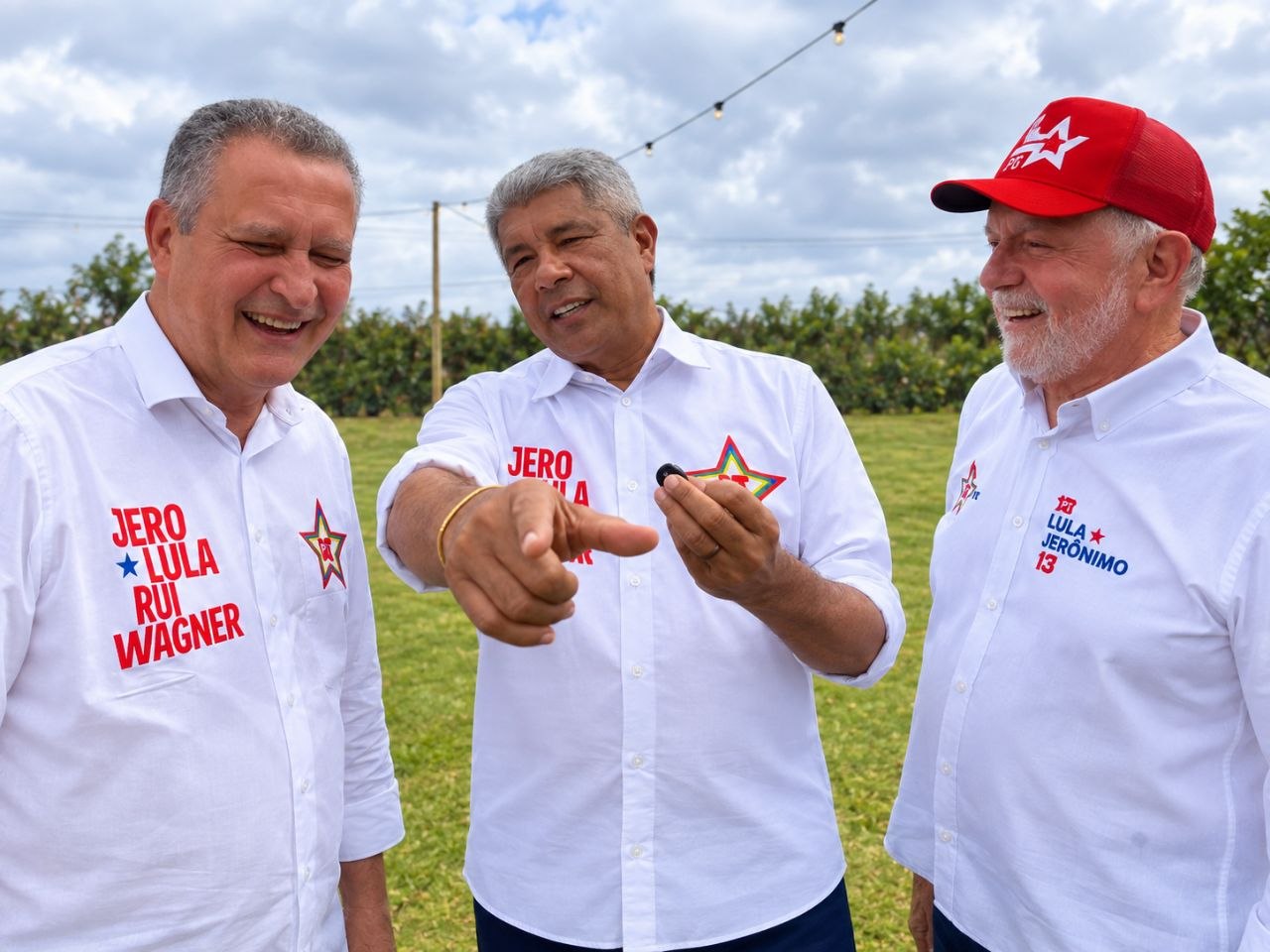 Jerônimo Rodrigues, Jaques Wagner e Rui Costa em imagem de divulgação de campanha