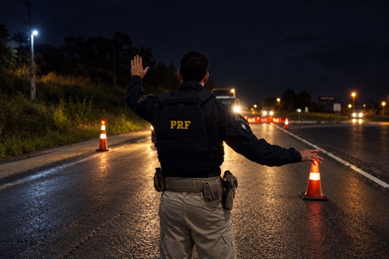 Agente da PRF em rodovia durante operação noturna