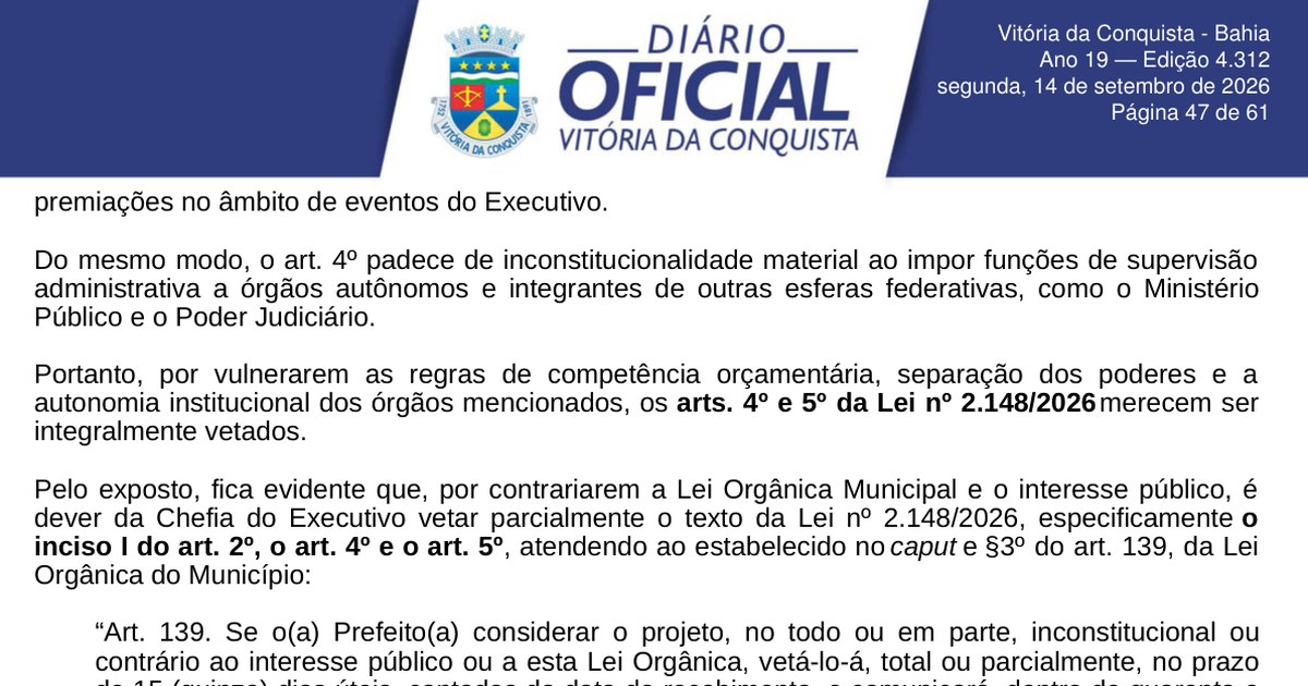 Página do Diário Oficial com lei sobre Semana Municipal de Segurança Pública Integrada em Vitória da Conquista