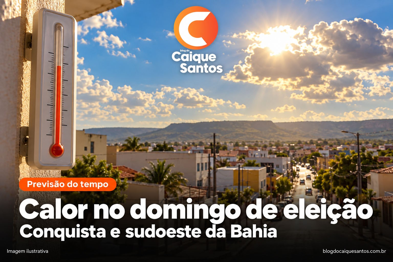 Arte ilustrativa com termômetro, sol e a chamada Calor no domingo de eleição.