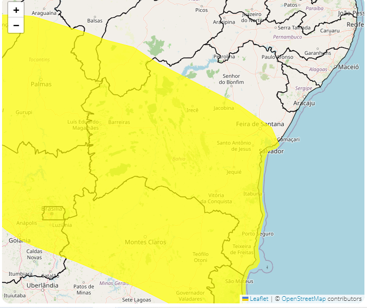 Mapa da área abrangida pelo alerta amarelo, divulgado pela Prefeitura.