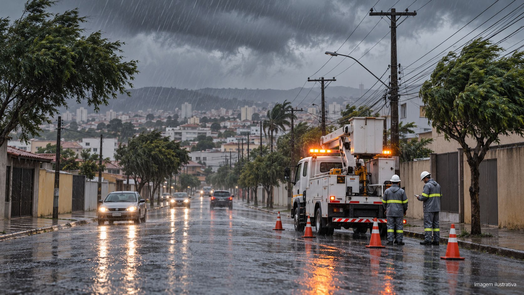 Imagem ilustrativa de dois trabalhadores com capacetes junto a caminhão de manutenção elétrica em rua sob chuva.