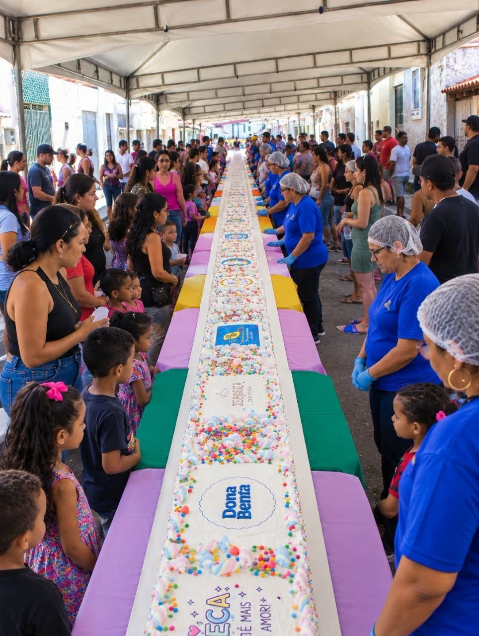 Bolo decorado sobre uma sequência de mesas, com crianças e adultos nas laterais