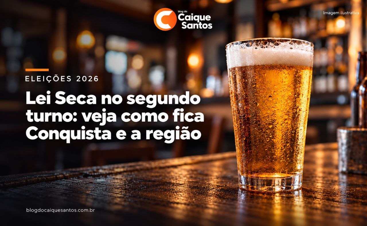 Arte ilustrativa com copo de cerveja e chamada sobre a Lei Seca no segundo turno em Conquista e na região.