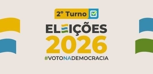 Arte das Eleições 2026 com indicação de segundo turno e a frase Voto na Democracia