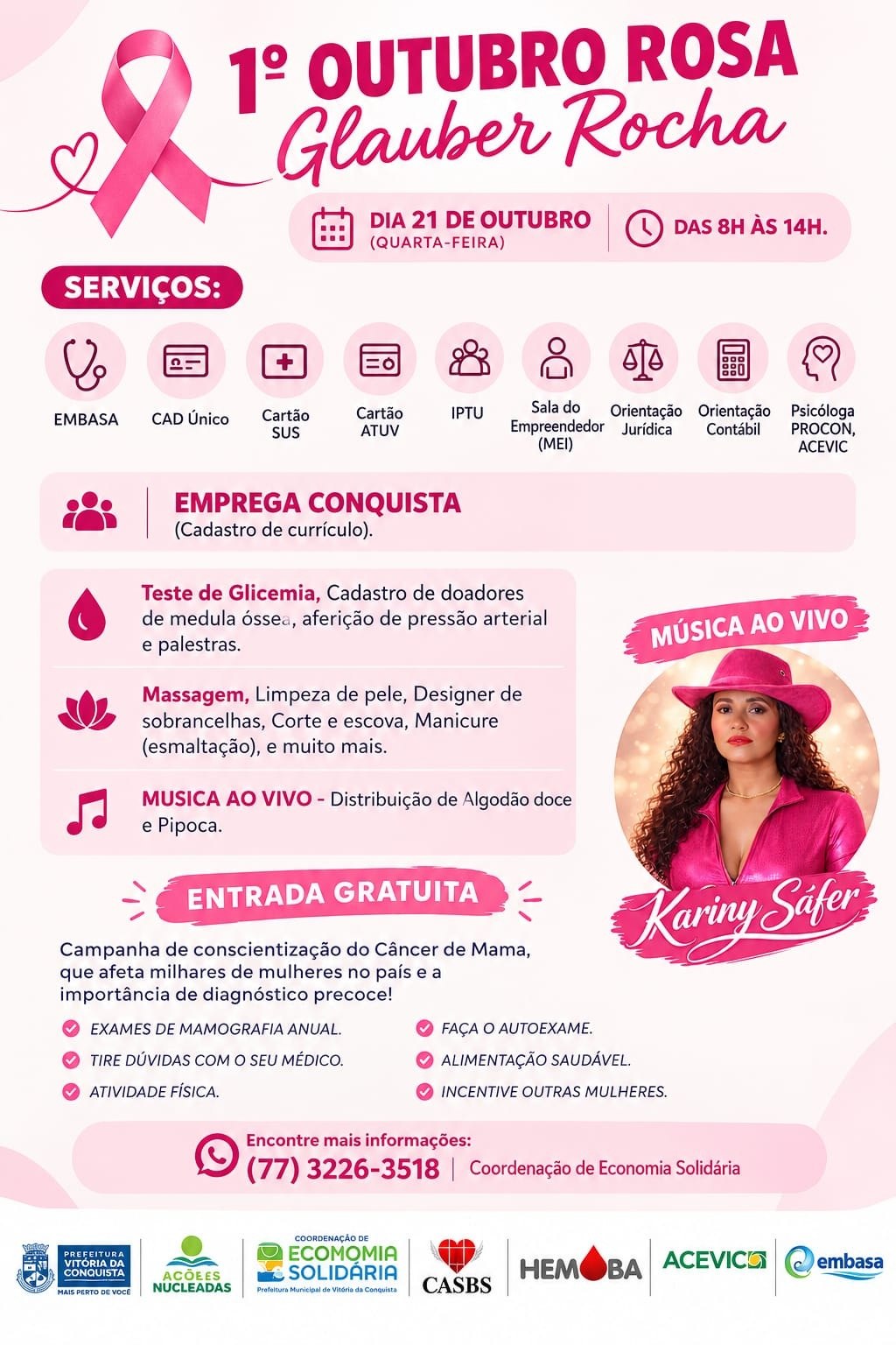 Cartaz completo do 1º Outubro Rosa Glauber Rocha, com serviços, data de 21 de outubro e horário das 8h às 14h