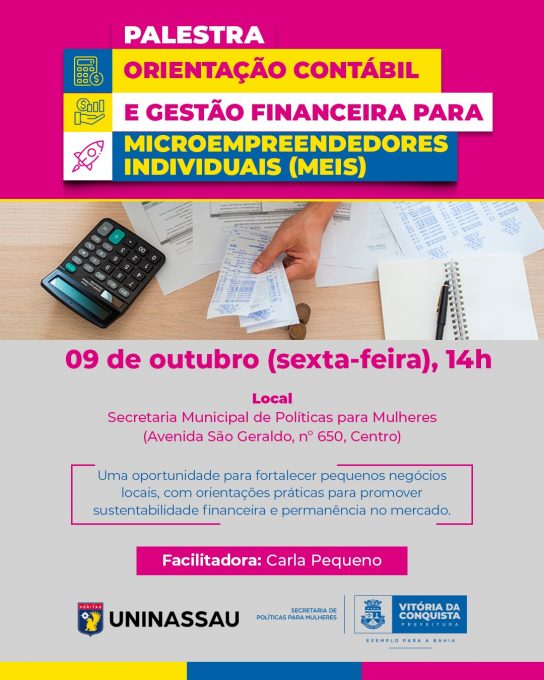 Cartaz de palestra para MEIs em 9 de outubro, às 14h, na Secretaria de Políticas para Mulheres