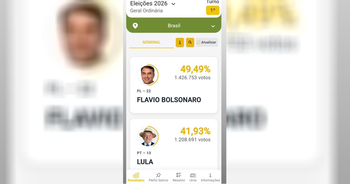 Parcial da apuração presidencial no aplicativo Resultados mostra Flávio Bolsonaro à frente de Lula