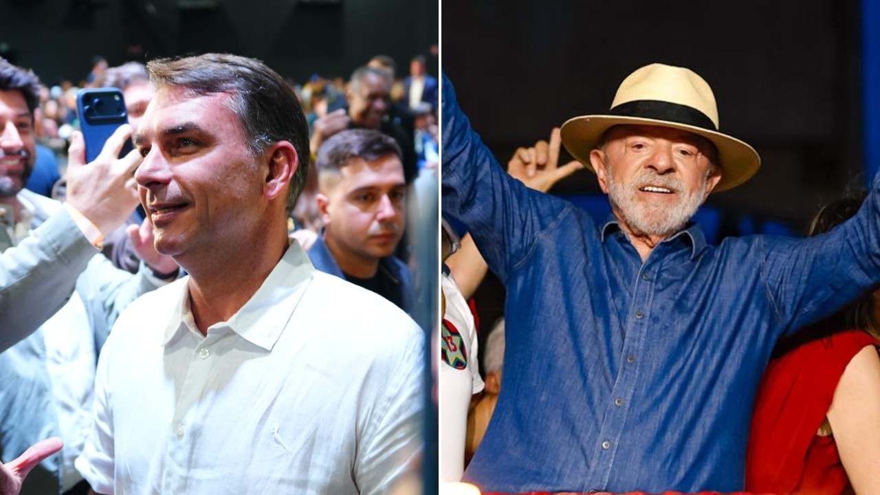 Montagem com imagens de Flávio Bolsonaro e Lula em atividades de campanha