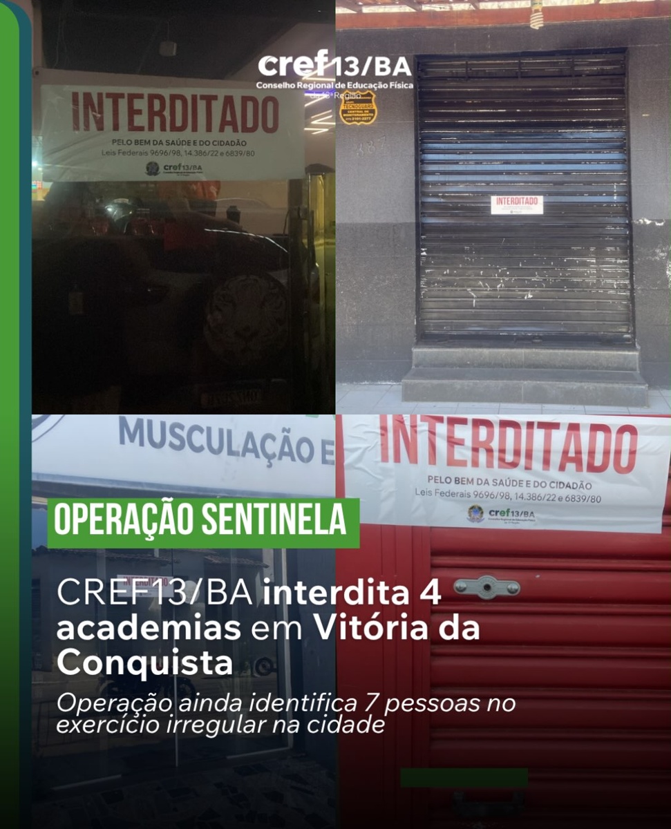 Montagem divulgada pelo CREF13/BA com avisos de interdição em estabelecimentos de Vitória da Conquista