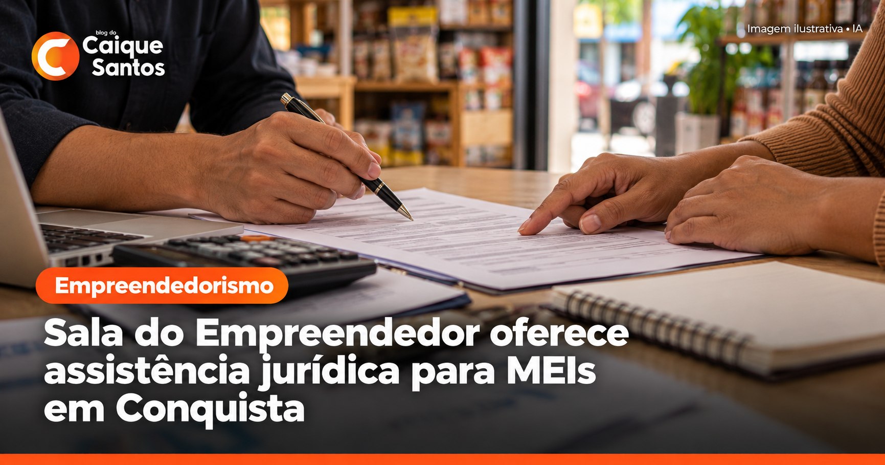 Imagem ilustrativa de pessoas analisando e assinando documentos, com chamada sobre assistência jurídica da Sala do Empreendedor em Conquista.