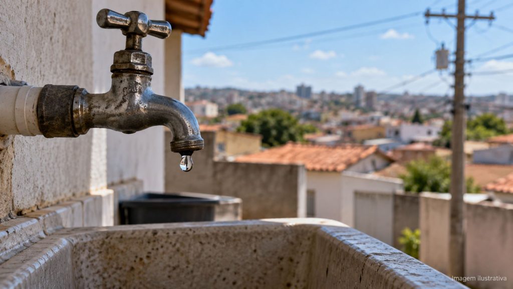 Torneira com uma gota de água sobre um tanque, com casas ao fundo. Imagem ilustrativa.