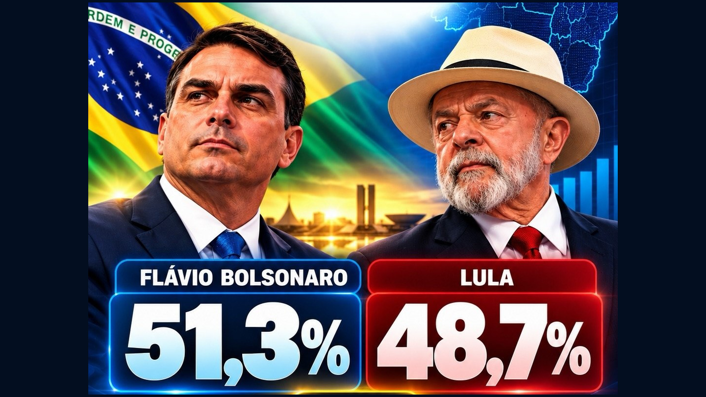 Arte em formato horizontal preserva os rostos e os percentuais de Flávio Bolsonaro, 51,3%, e Lula, 48,7% dos votos válidos.